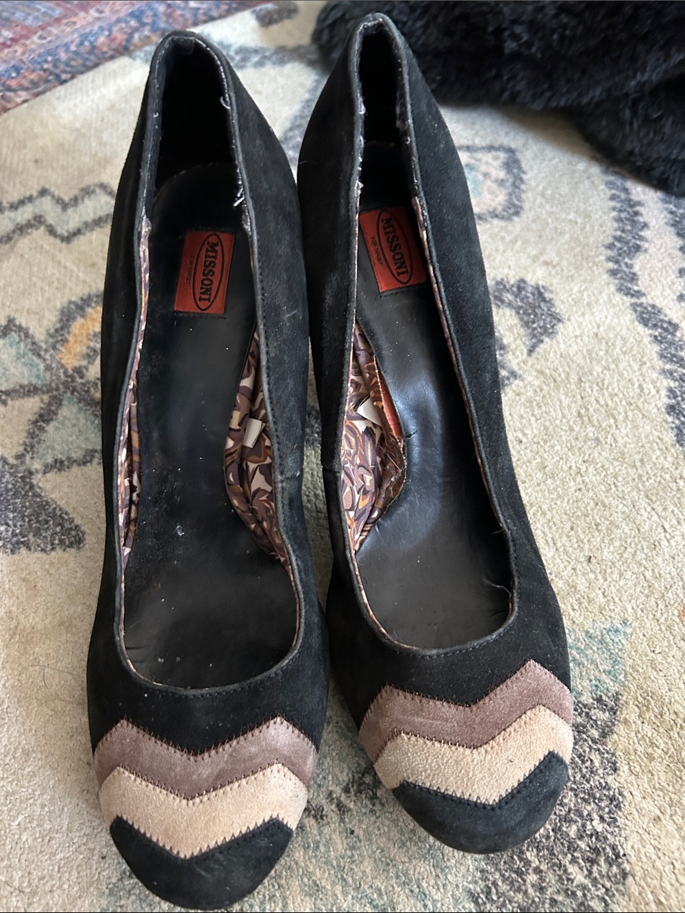 Missoni Black Suede Heels with Tan and Cream Chevron Toe